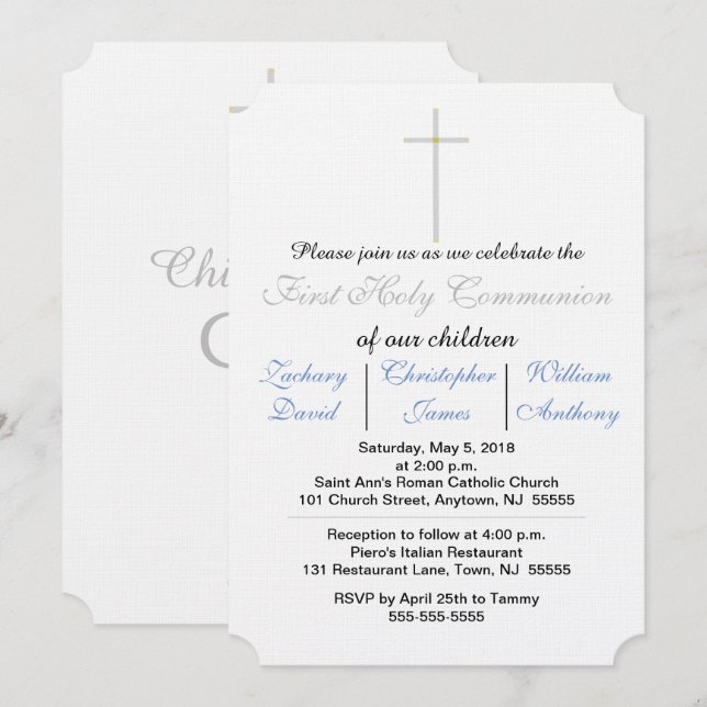 Faire-part de Première Communion Bleue pour Triplé (Devant / Derrière)