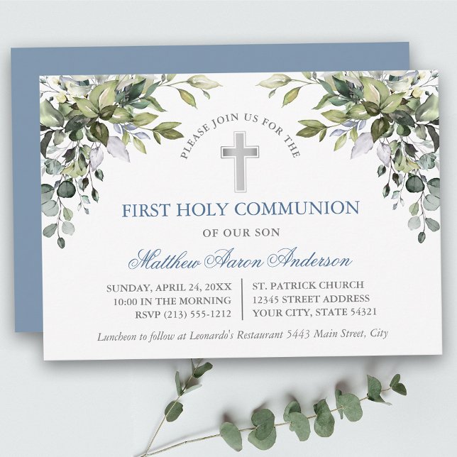 Faire-part de première communion en bleu poussiére (Customize to change text color, text style or color of back of card.)