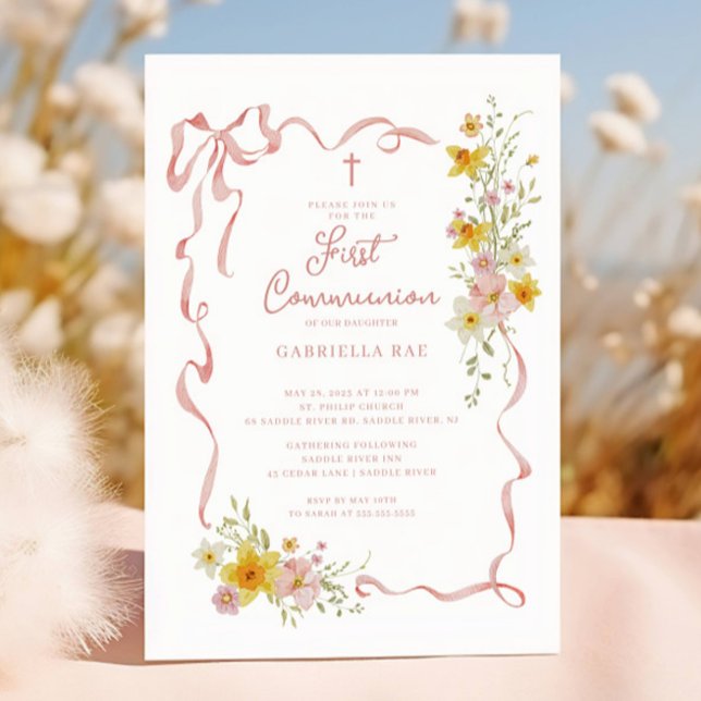 Faire-part de première communion floral rose (Créateur téléchargé)