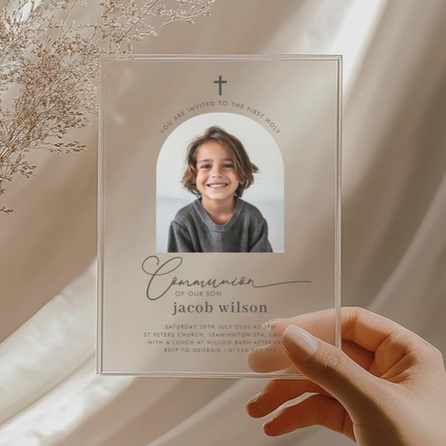 Faire-part de première communion pour garçon avec  (Zazzle Arched Photo First Communion Boy Invitation)