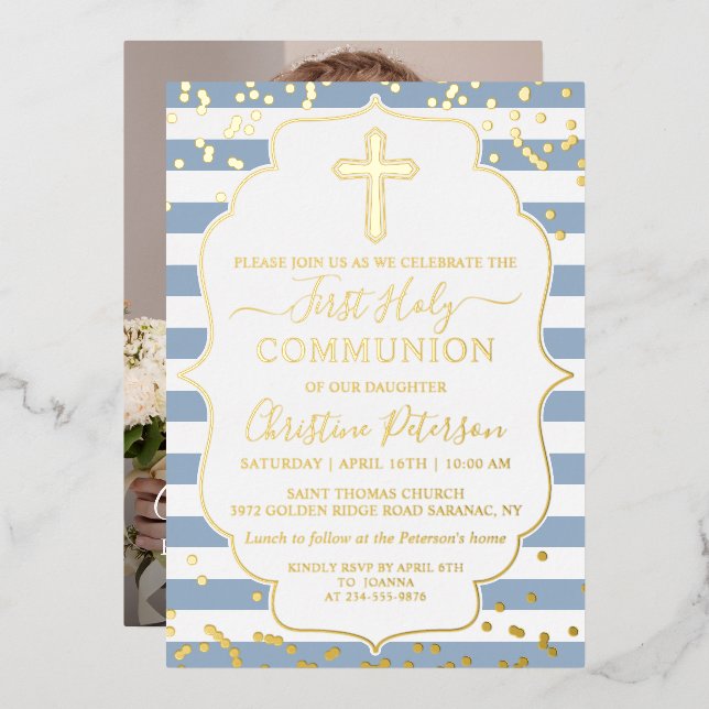 Faire-part de première communion rayures bleu pous (Recto/Verso)