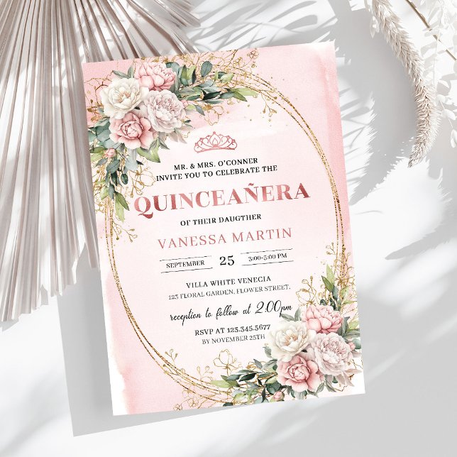 Faire-part de Quinceañera à la verdure florale ros (Blush Pink Floral Greenery Quince Invitation)