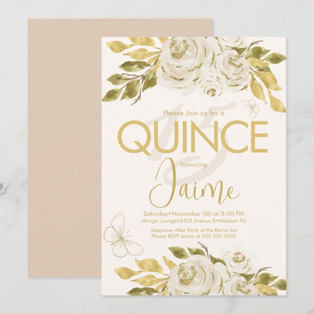 Faire-part de Quinceañera avec fleurs roses ivoire (Devant / Derrière)