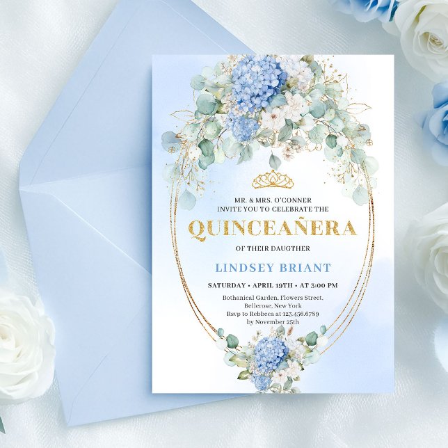 Faire-part de Quinceañera Hydrangeas Bleues Eucaly (Graceful Blue Hydrangeas Eucalyptus Quince Invite)