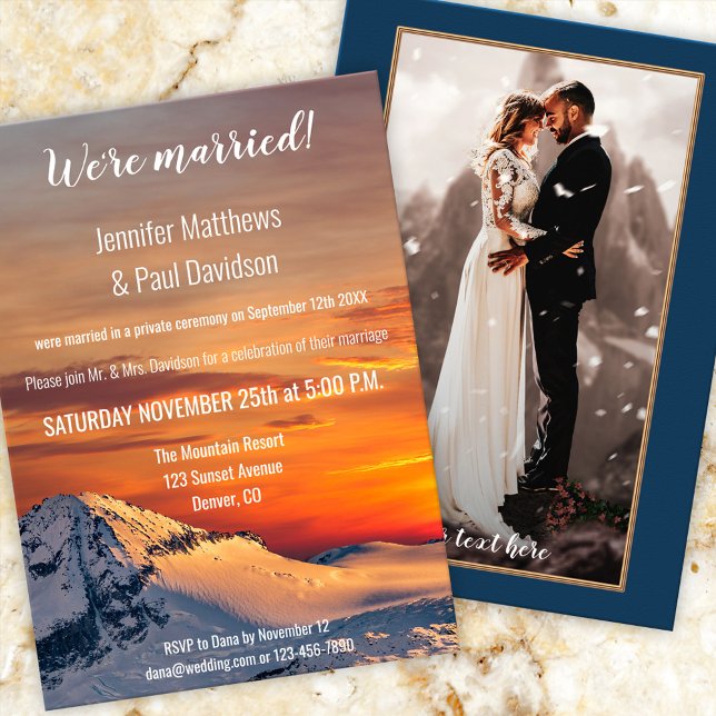 Faire-part de réception de mariage au coucher du s (Wedding reception only, post or after wedding invitation featuring a sunset on a winter wonderland)