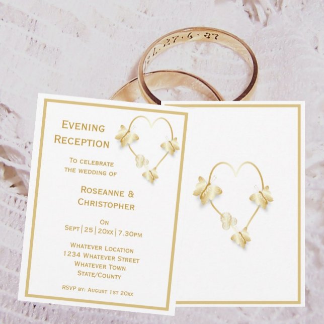 Faire-part de réception de mariage en or Papillons (Gold wedding evening reception invitation butterflies heart design)