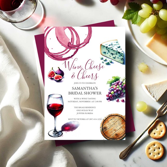 Faire-part de Réception de Mariée au Vin et Fromag (Bridal shower invitations wine & cheese tasting watercolor charcuterie design Victoria Grigaliunas )