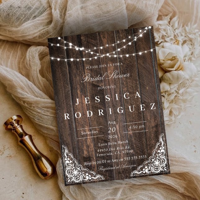Faire-part de Remise de Cadeaux de Mariée en Bois  (Rustic Wood Lace Bridal Shower Invitation)