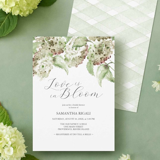 Faire-Part de Remise de Cadeaux de Mariée Love Is  (Elegant Bridal Shower Invitation Designs for a Rustic Theme with watercolor green hydrangeas)