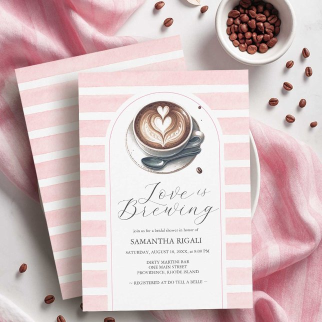 Faire-part de Remise de Cadeaux de Mariée Pink Lov (pink love is brewing coffee bridal shower theme invitations on sale @ small business do tell a belle)