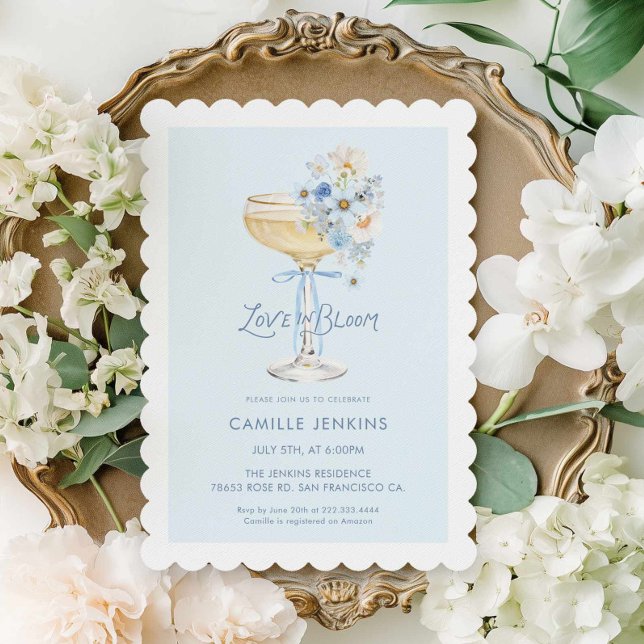 Faire-Part de Remise de Champagne Blue Love in Blo (Blue Champagne Brunch Love in Bloom Bridal Shower Invitation)