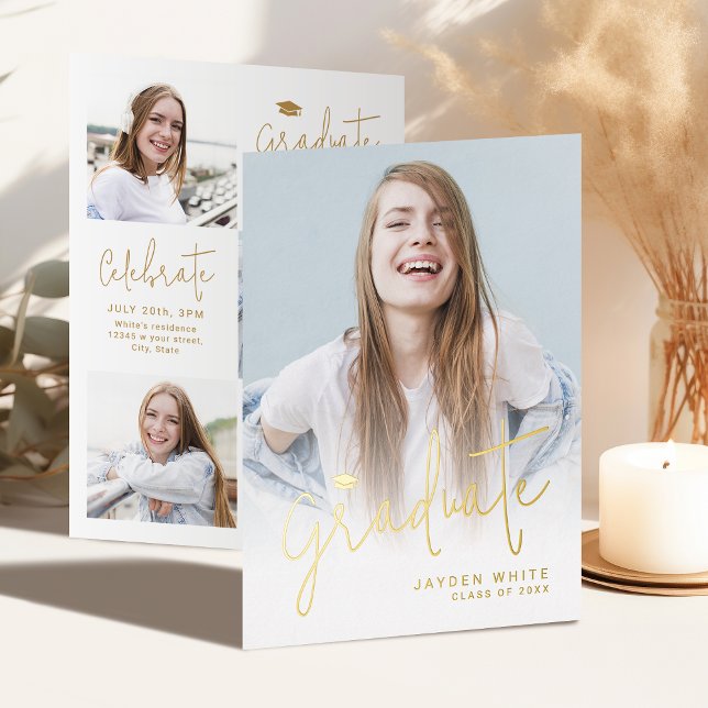 Faire-part de remise de diplôme 4 photos en écritu (Gold Modern Script 4 Photo Graduation Announcement)
