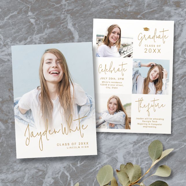 Faire-part de remise de diplôme 4 photos en script (Gold Modern Script 4 Photo Graduation Announcement)