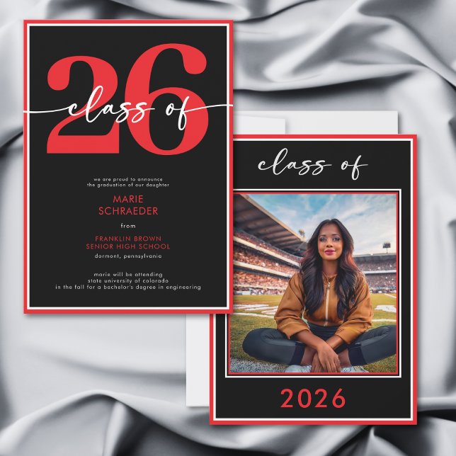 Faire-part de remise de diplôme à l'écriture rouge (Modern Minimal Red Script Graduation Announcement)