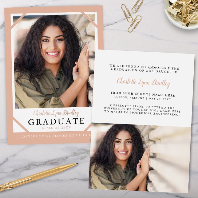 Faire-part de remise de diplôme à motif de feuille (Elegant modern minimalist peach and rose gold foil graduation announcement with 2 photos)