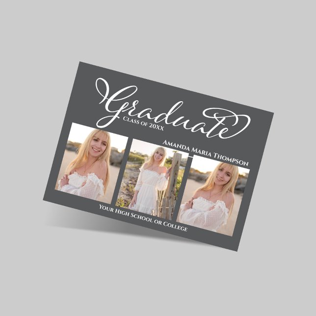 Faire-part de remise de diplôme avec 3 photos et é (Elegant grey three photo graduation announcement with script graduate text and senior portraits.)