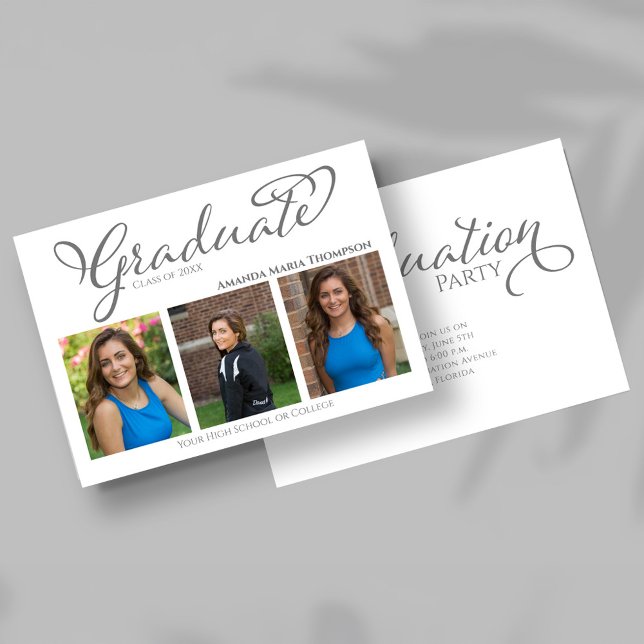 Faire-part de remise de diplôme avec 3 photos et é (Elegant graduation photo announcement with script typography and party invitation details on reverse)
