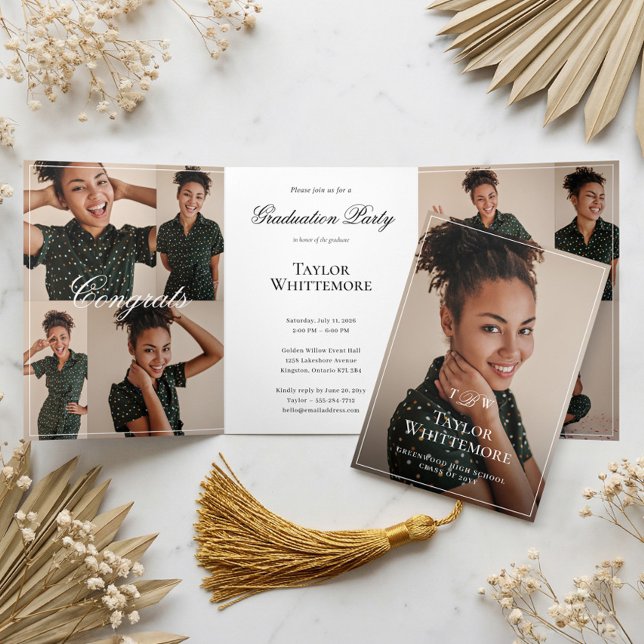 Faire-part de remise de diplôme avec collage de ph (Elegant Script Grad Photo Collage Graduation Party Tri-Fold Invitation)