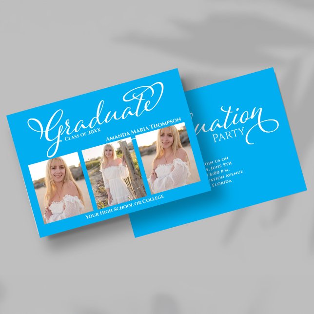 Faire-part de remise de diplôme avec collage de ph (Front view of blue script photo collage graduation announcement with three senior portraits.)