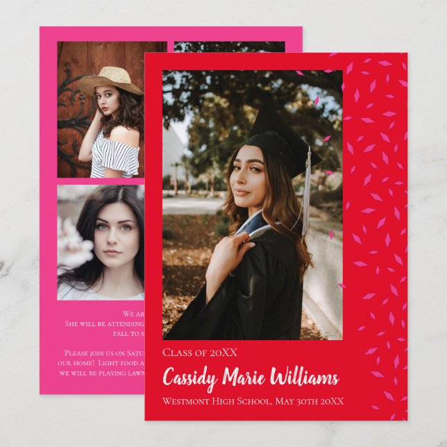 Faire-part de remise de diplôme avec confettis ros (Devant / Derrière)