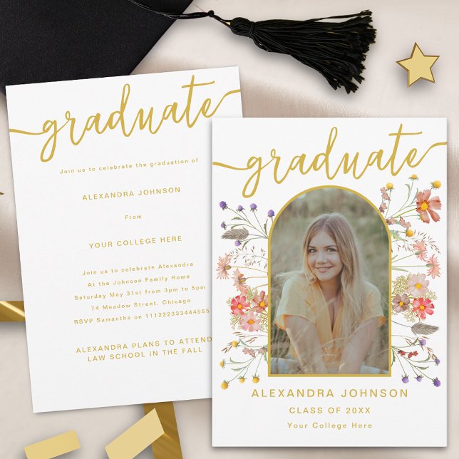 Faire-Part de Remise de Diplôme avec Fleurs en Pho (Boho chic wildflower arch photo gold script graduation announcement party invite)