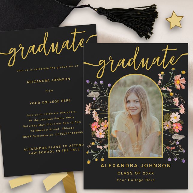 Faire-Part de Remise de Diplôme avec Fleurs en Pho (Modern boho floral photo arch graduation announcement party invitation elegant black and gold script)