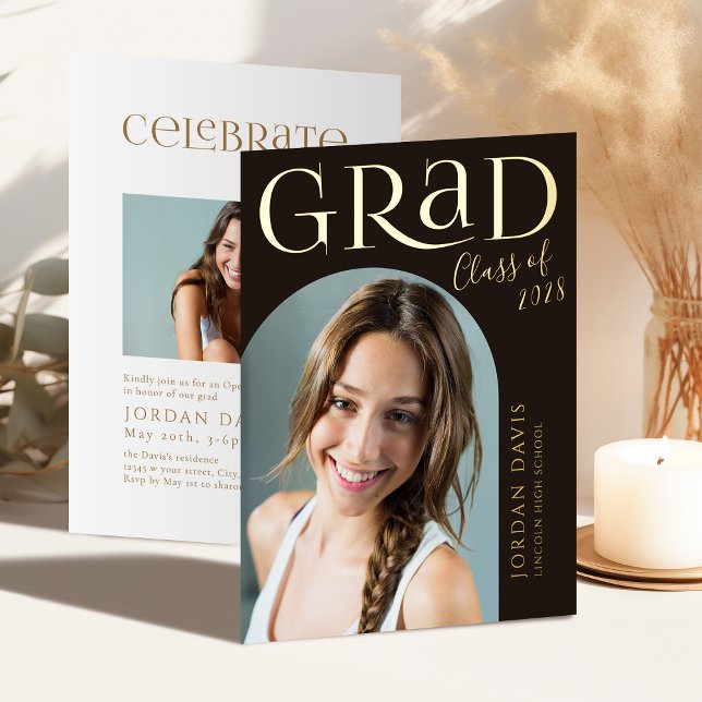 Faire-part de remise de diplôme avec photo d'arch  (Gold Modern Arch Photo Graduation Announcement)