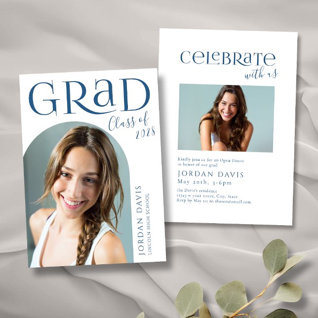 Faire-part de remise de diplôme avec photo d'arch  (Blue Modern Arch Photo Graduation Announcement)