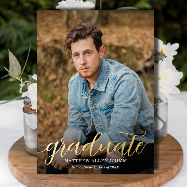 Faire-part de remise de diplôme avec photo et feui (Elegant script REAL gold foil graduation announcements with your details on the back)
