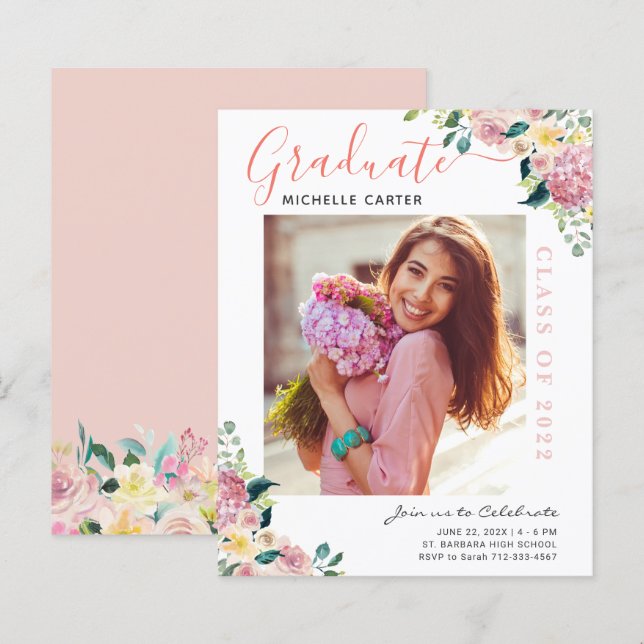 Faire-part de remise de diplôme avec photo florale (Devant / Derrière)