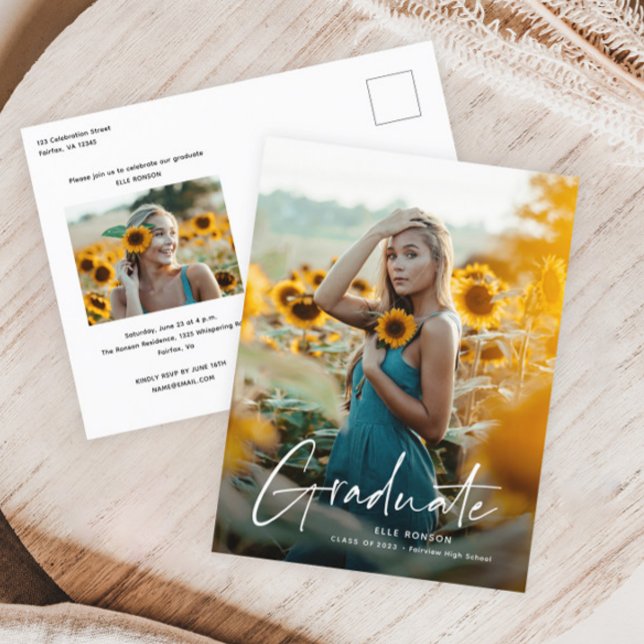 Faire-part de remise de diplôme avec photo simple  (Modern handwritten script photo graduation invitation postcard.)