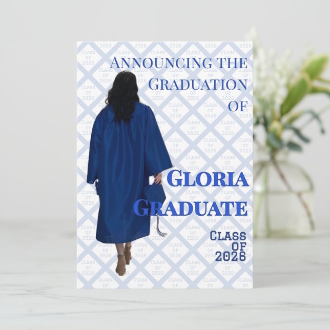 Faire-part de remise de diplôme bleu et blanc (Debout devant)