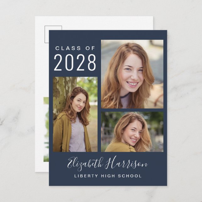 Faire-part de remise de diplôme bleu moderne en co (Devant / Derrière)