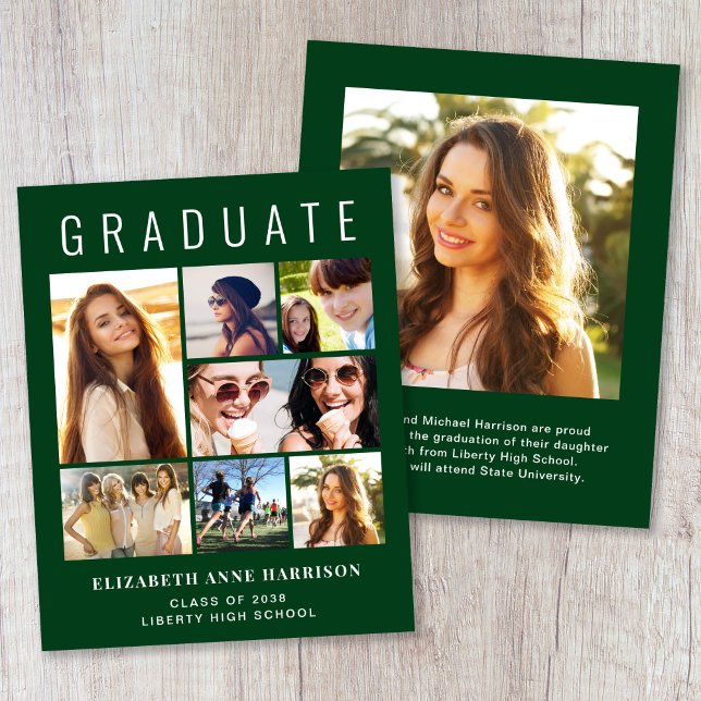 Faire-part de remise de diplôme budget vert en col (Photo Collage Green Budget Graduation Announcement)