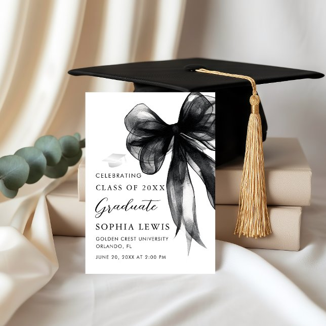 Faire-part de remise de diplôme Coquette au ruban  (Elegant Watercolor Black Bow Coquette Graduation Announcement card)