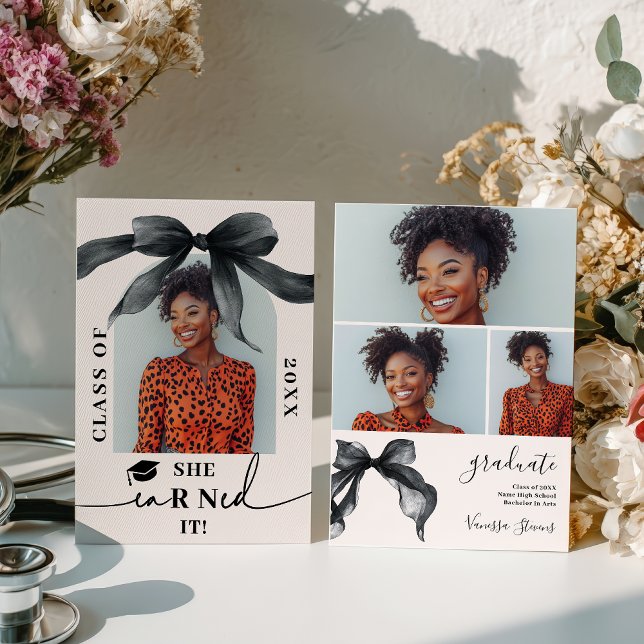 Faire-part de remise de diplôme de nurse avec nœud (Coquette Bow Nurse 4-Photo Graduation Invitation)