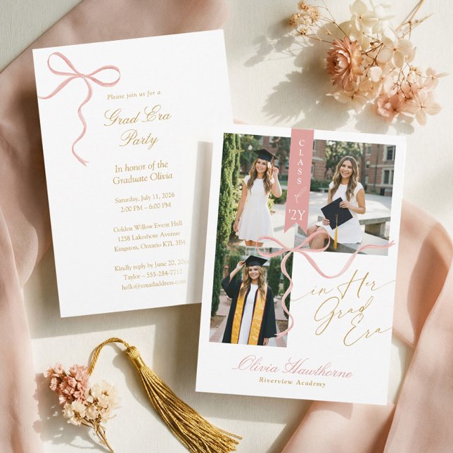 Faire-Part De Remise De Diplôme Élégant Avec Un Ru (Pink Bow In Her Grad Era Elegant Photo Graduation Invitation)