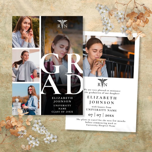 Faire-part de remise de diplôme en soins infirmier (Modern 5 Photo RN Nursing Graduation Announcement)