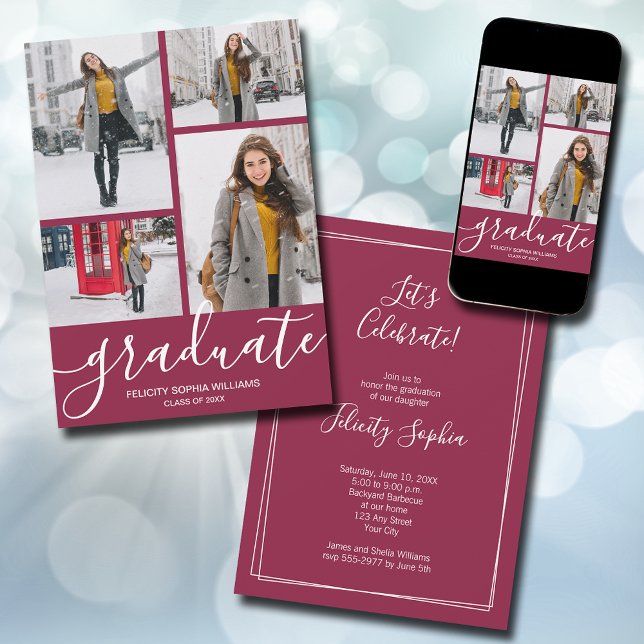 Faire-part de Remise de Diplôme Marron Moderne 4 P (Modern script 4 photo maroon graduation announcements - PRINTED and/or INSTANT DOWNLOAD)