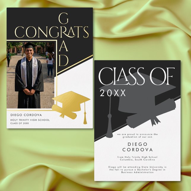 Faire-part de remise de diplôme moderne noir et bl (Modern Black White Photo Foil Graduation Announcement)