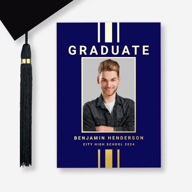 Faire-part de remise de diplôme Navy Blue Gold ave (Custom Photo Navy Blue Gold Graduation Announcement Card.)