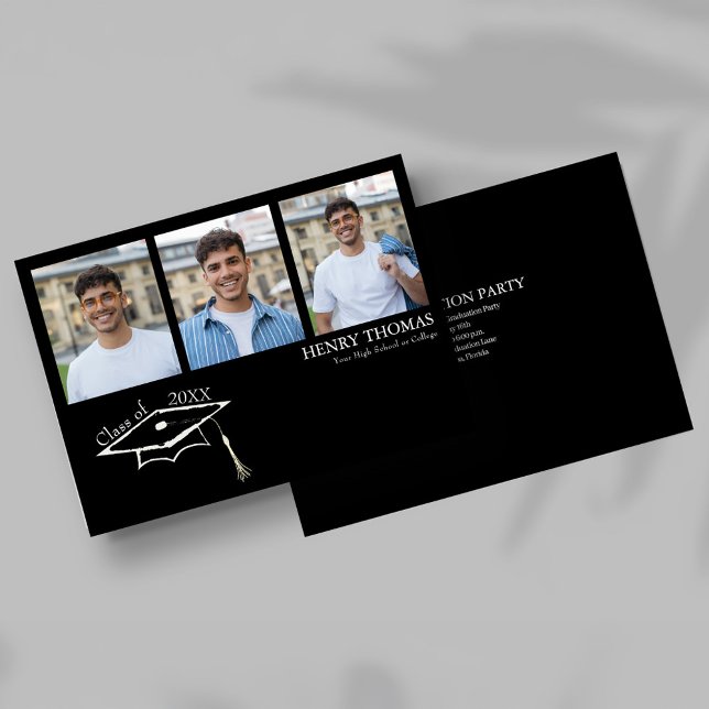 Faire-part de remise de diplôme noir moderne multi (Modern black graduation card with three photo collage and cap design)