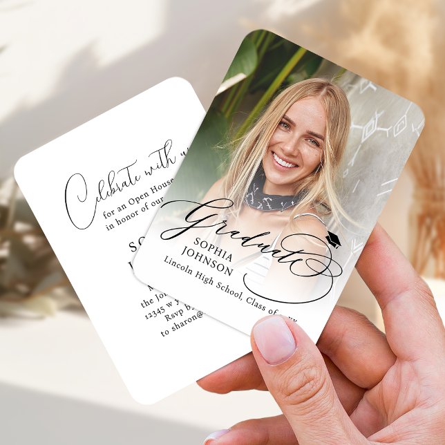 Faire-part de remise de diplôme photo calligraphie (Mini Modern Calligraphy Photo Graduation invite)