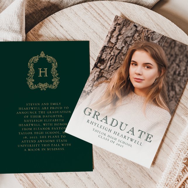 Faire-part de remise de diplôme photo vert or Mono (Créateur téléchargé)