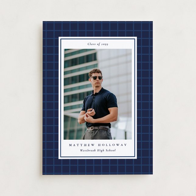 Faire-part de remise de diplôme Preppy Navy Grid O (Créateur téléchargé)