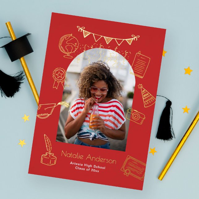 Faire-part de remise de diplôme rouge avec photo à (Créateur téléchargé)