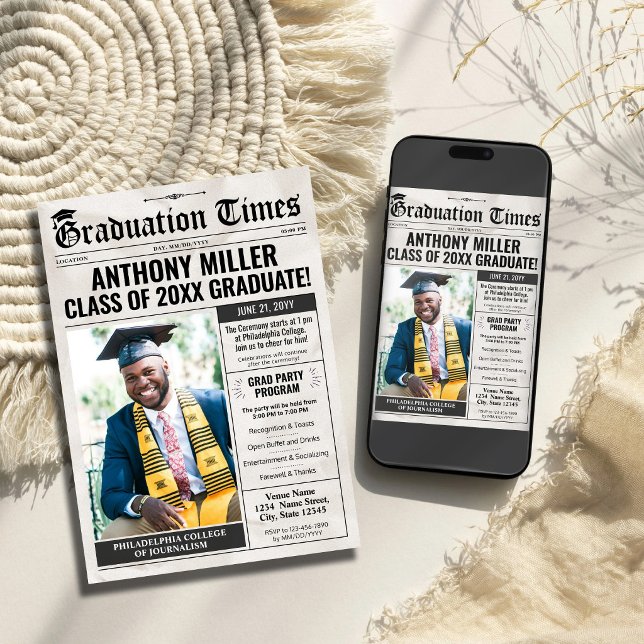 Faire-part de remise de diplôme sur mesure dans un (Newspaper Graduation Invitation Grad Announcement Card)