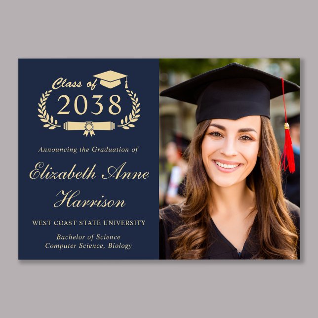 Faire-part de remise de diplôme universitaire bleu (Elegant Script Photo Blue Gold College Graduation Announcement)