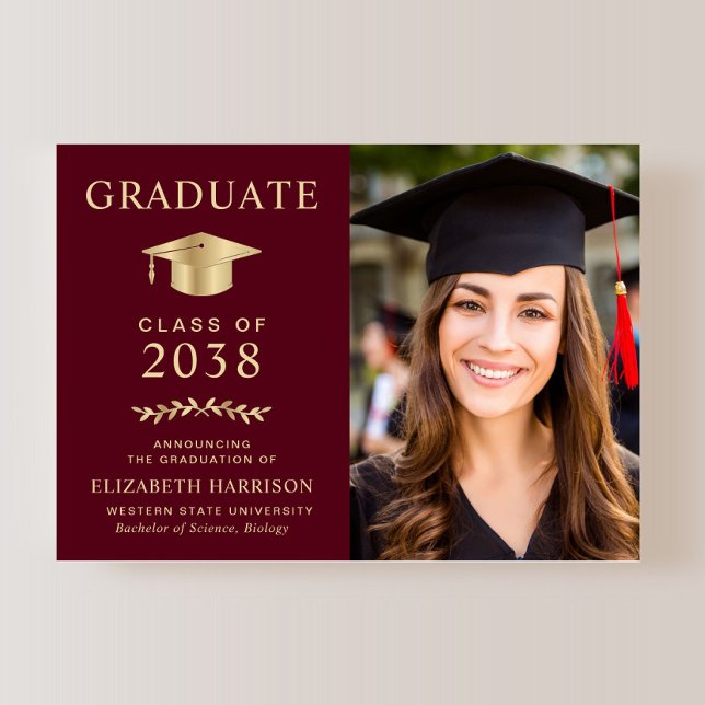 Faire-part de remise de diplôme universitaire élég (Elegant Burgundy Gold Photo College Graduation Announcement
)
