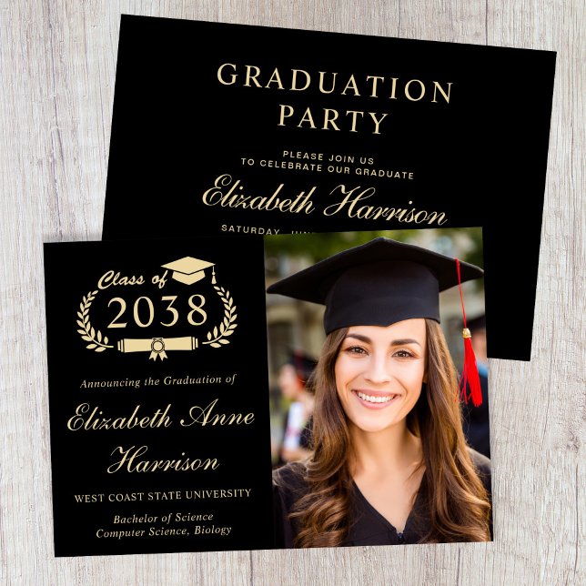 Faire-part de remise de diplôme universitaire noir (Elegant Photo Black Gold College Graduation Party Invitation)